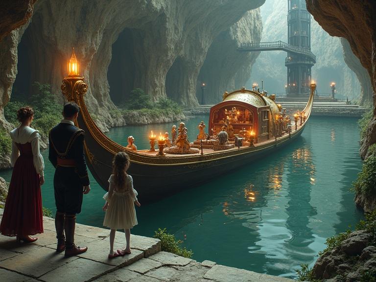A surreal scene with an ornate boat on calm water. Two figures observe the boat. One wears a dark period outfit; the other a white gown. The boat features golden accents and intricate carvings. The background includes a cavernous landscape and an industrial tower.