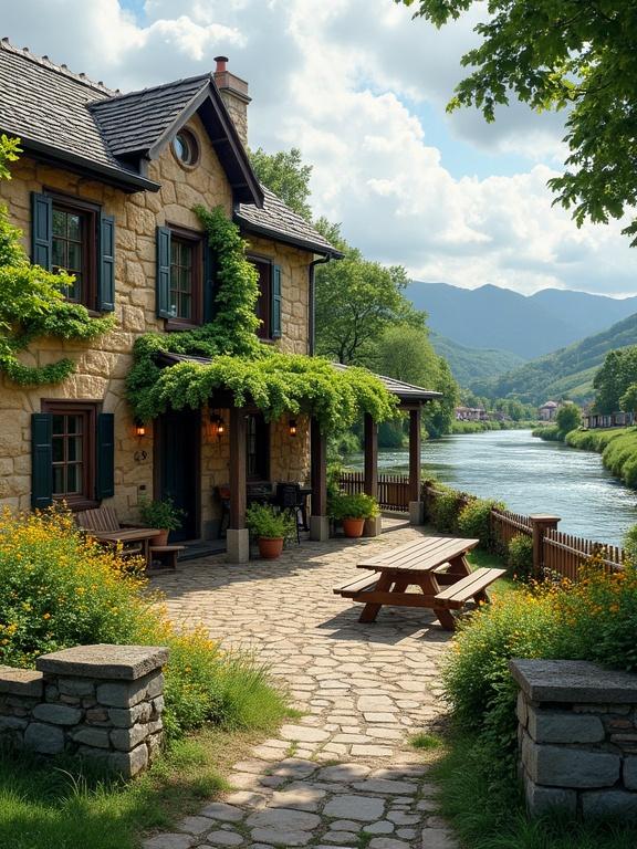 Detailed, eye-level shot of a stone cottage beside a river under a cloudy sky. Wisp of smoke rises from chimney. Windows with dark green shutters. Dark wooden front door obscured by green vine on patio. Light brown wooden picnic table and Adirondack chairs. Green potted plants and hanging lights. Pathway to wooden gate with stone pillars. River reflects the sky and greenery.