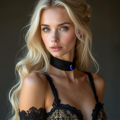 Portrait of a girl with porcelain skin and captivating blue eyes. She has long flowing blonde hair styled in luxurious waves. The outfit features a form-fitting black satin corset and knee-length silk skirt with gold embroidery. Lace trim and black thigh-high stockings complement her look. A black velvet choker with a sapphire accent adds elegance. The model exudes a commanding yet graceful presence, embodying youthful aristocratic beauty.