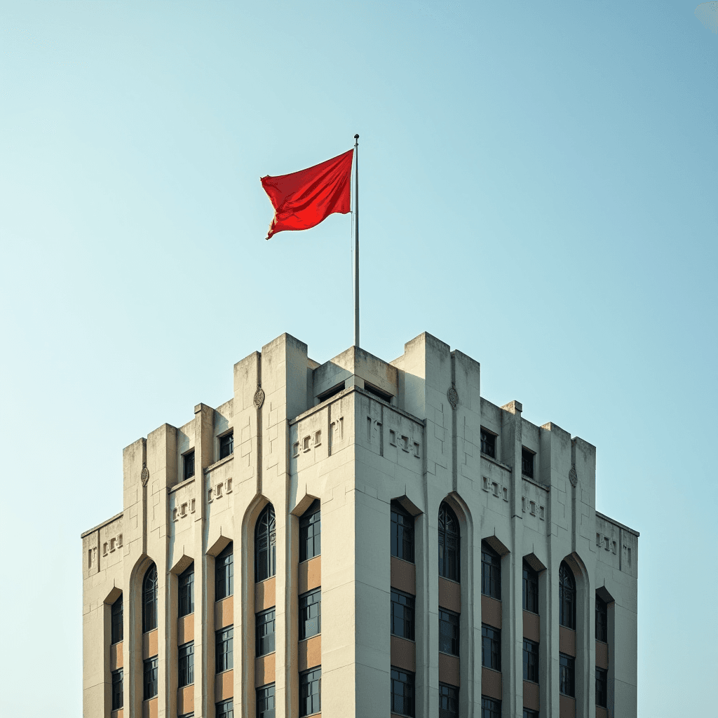 A tall building with a red flag flying at the top against a blue sky.