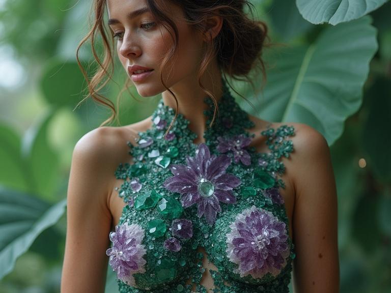 Highly detailed photography of a female body adorned with crystals and flowers. Dress features amethysts and emeralds. Background includes lush green leaves. Natural lighting creates soft shadows.