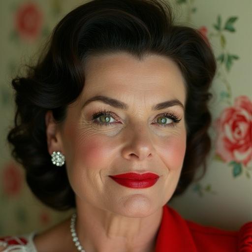 Portrait of a beautiful 60 years old housewife. She has face wrinkles and a classic 1950s hairstyle. Slightly smiling with closed mouth, showcasing beautiful green eyes and an intense glance. Wearing diamond hair rings and big red lips. Background features floral wallpaper, in a slightly side view with a tiny nose.