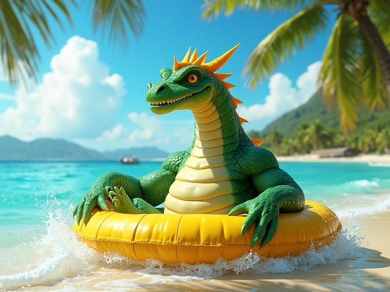 A chubby yet muscular emerald green dragon lounges in a bright yellow inflatable raft. The dragon has vibrant yellow accents. It showcases an impressive physique and a sly grin. The dragon’s powerful arms and legs contrast with the playful setting. The dragon splashes in the crystal-clear water surrounded by gentle waves and white sand. Behind it, palm trees and distant mountains stretch against a flawless blue sky. Fluffy clouds are illuminated by warm sunlight. The scene has a whimsical and fun vibe creating a summer day at the beach.