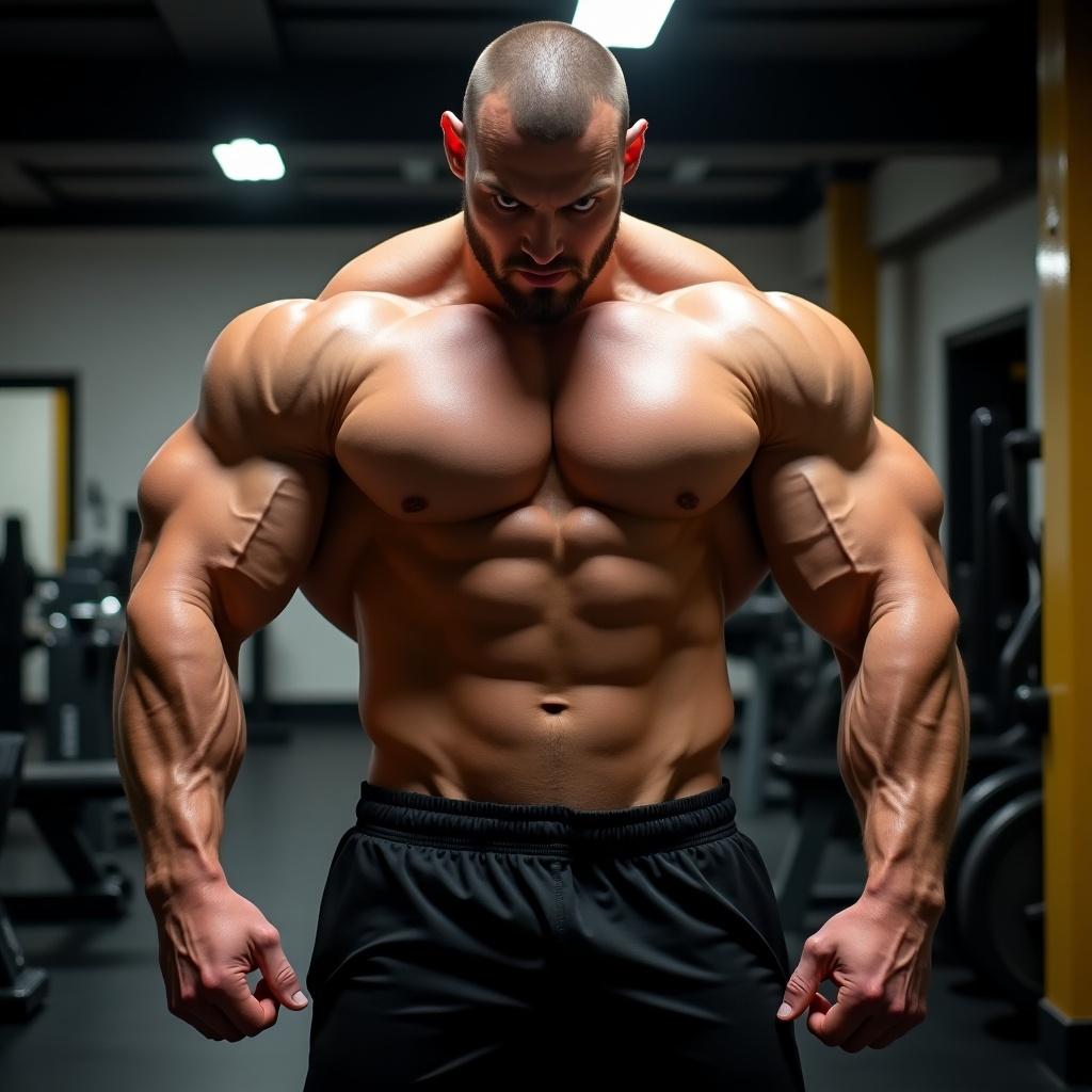 A muscular individual stands proudly in a gym setting. The focus is on his massive chest and well-defined abs. He exudes confidence and strength, showcasing impressive muscle mass. The background features gym equipment, emphasizing the fitness theme. His posture and expression convey determination and power.