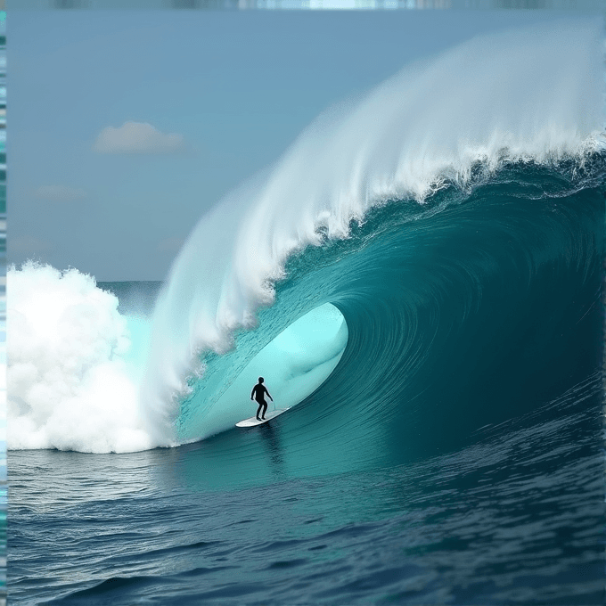 A surfer skillfully navigates a large, curling ocean wave with the sun illuminating the vibrant blue water.