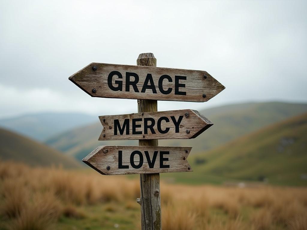 A rustic wooden signpost stands in a serene natural landscape. The signpost has three directional indicators, each labeled with a word: 'GRACE', 'MERCY', and 'LOVE'. The wooden signs are worn and weathered, giving them a charming, rustic look. The background features rolling hills and a cloudy sky, adding to the peaceful ambiance. The scene evokes a sense of choice between different virtues, inviting contemplation.