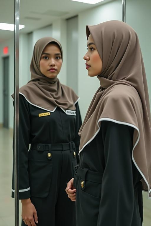 Create a manhwa style illustration featuring a girl in a Malaysian nurse uniform with a hijab. The scene includes two mirrors. One mirror reflects the girl as a Malaysian soldier in uniform with a name tag. The other mirror shows her as a Malaysian police officer in uniform.