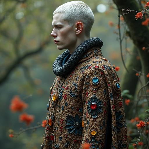 A male figure with a large cape made of colorful gemstones. The figure shows intricate designs and patterns. The setting is a mystical nature background with lush greenery and soft lighting. The composition reflects elements of sacred geometry and mythology. The overall style is reminiscent of classic and contemporary art combined. The character exudes a mythical presence.