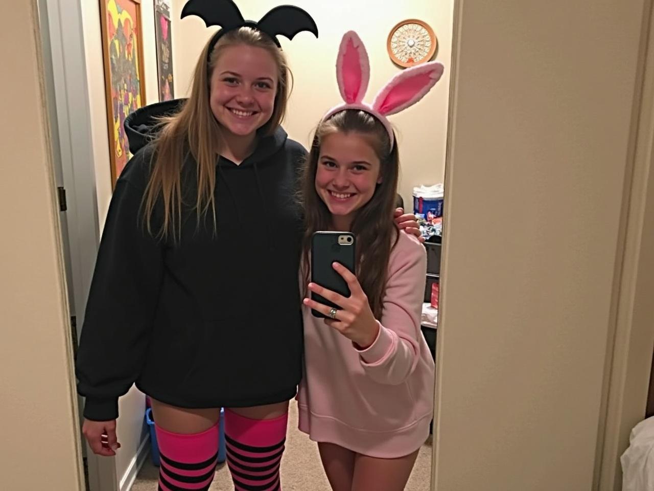 Two friends are posing for a mirror selfie in a cozy indoor setting, likely a dorm room. The girl on the left is wearing a large black hoodie and striped pink and black knee-high socks with a cute bat-themed headband. The girl on the right is wearing a light pink outfit and has a bunny-ear headband. Both have big smiles, showcasing a fun and light-hearted mood. The background features some decorative artwork on the wall and personal belongings typical of a student living space.