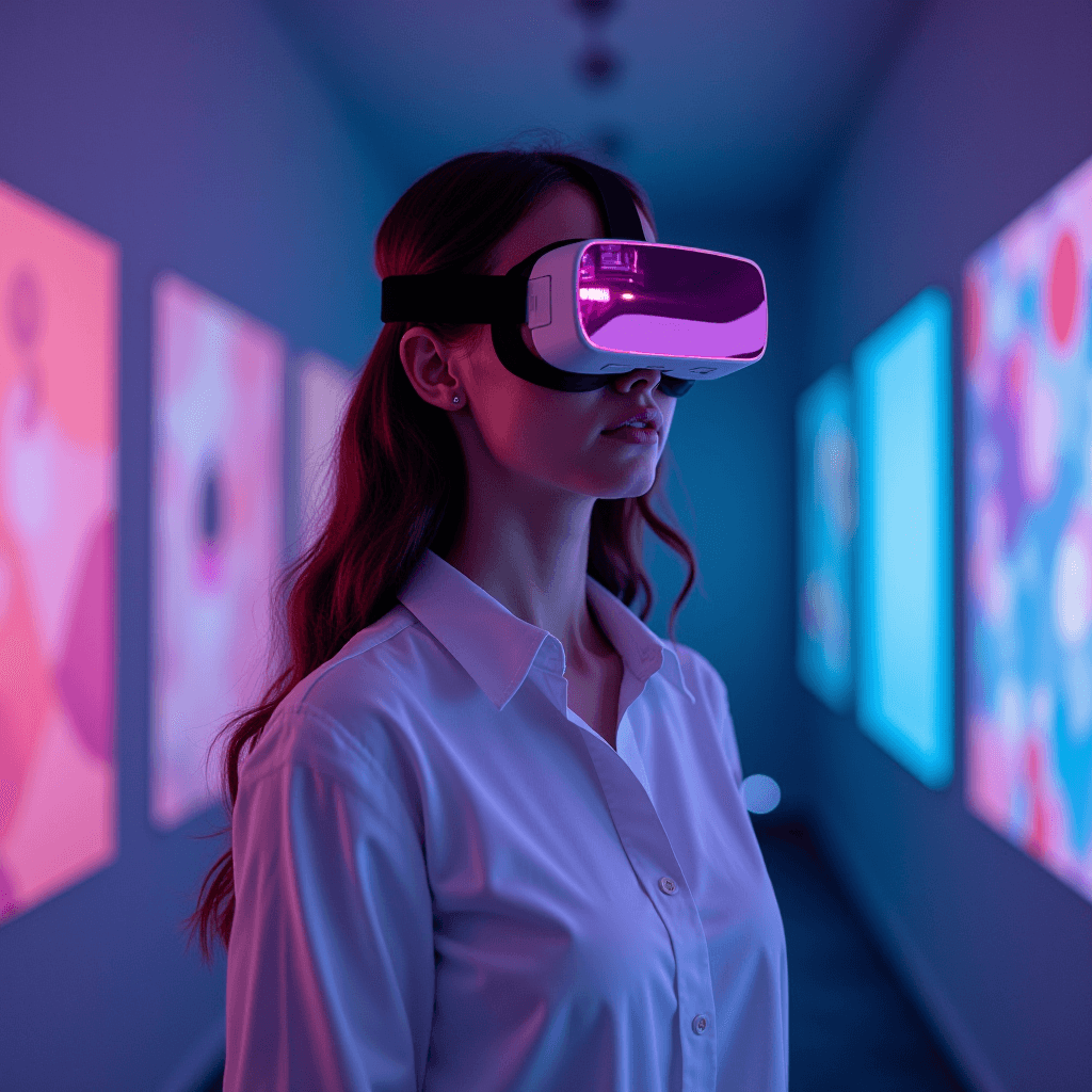 A person wearing a VR headset stands in a colorful, neon-lit gallery, engaging with virtual art displays.