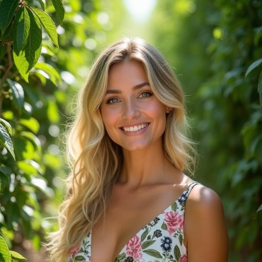 Portrait of a blonde woman in a floral dress surrounded by green foliage. Bright natural lighting creates a soft glow on her face. A cheerful and refreshing atmosphere is emphasized.