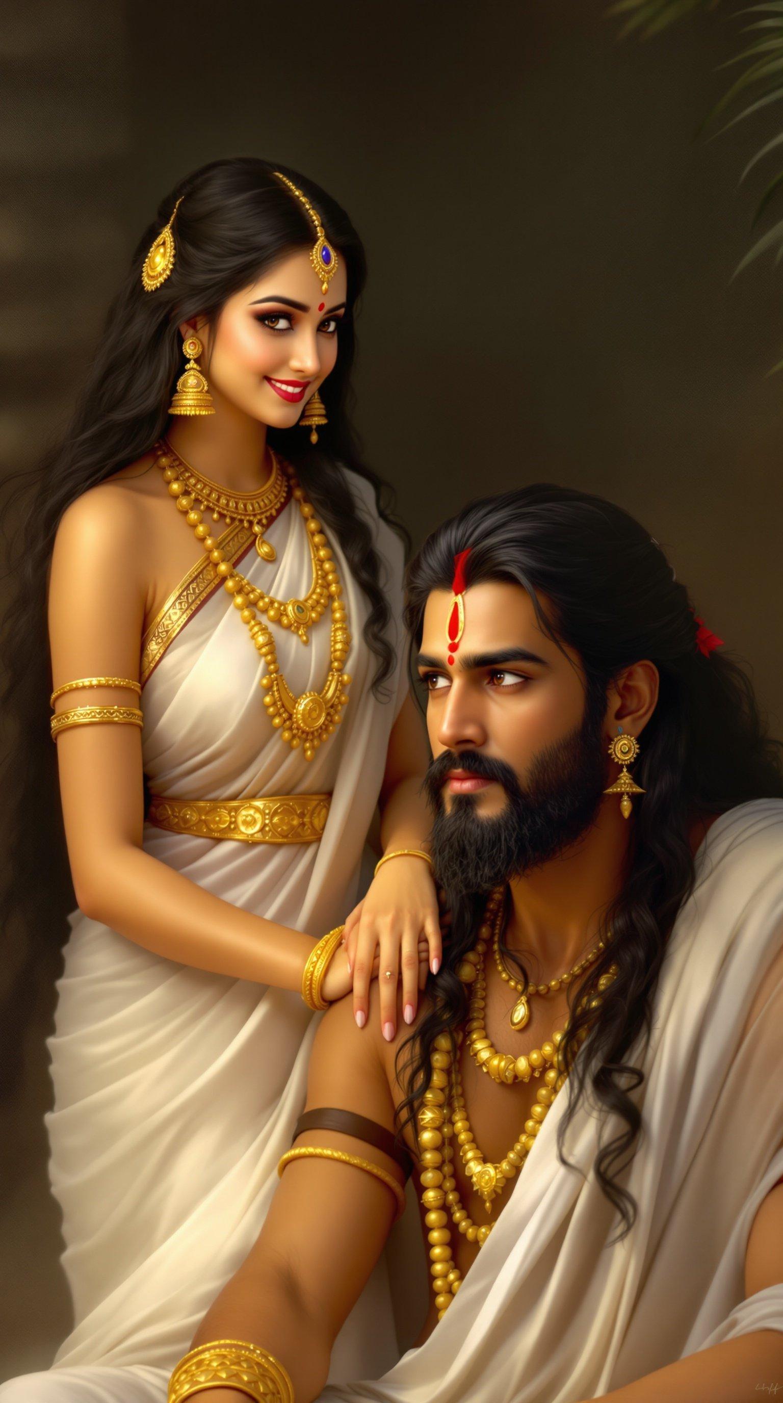 This artwork depicts Urvashi standing gracefully before Arjuna. She has long, cascading black hair and wears a captivating smile, filled with love. Her attire consists of a traditional white saree detailed with beautiful golden jewelry, enhancing her radiant beauty. Arjuna, seated calmly, has his hair tied back. With deep eyes and a light beard, he reflects a sense of restraint and humility. The soft light creates a divine aura around him, emphasizing the connection between these mythological figures. Overall, the artwork beautifully captures their interaction and the emotions conveyed.