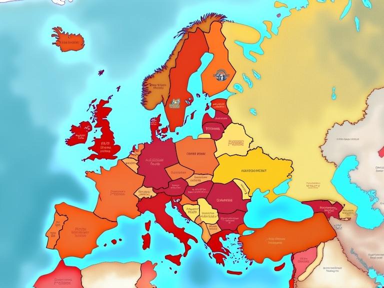 Map of Europe showing various regions in different colors. Focus on countries and territories. Brightly colored representations with labels for specific areas.
