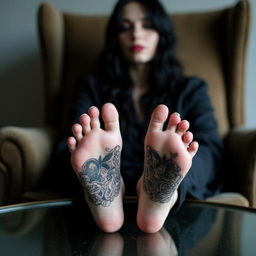 Image of mature goth woman with long black hair showing tattooed soles of her bare feet. She wears dark goth clothes while sitting on an armchair with feet on glass table.