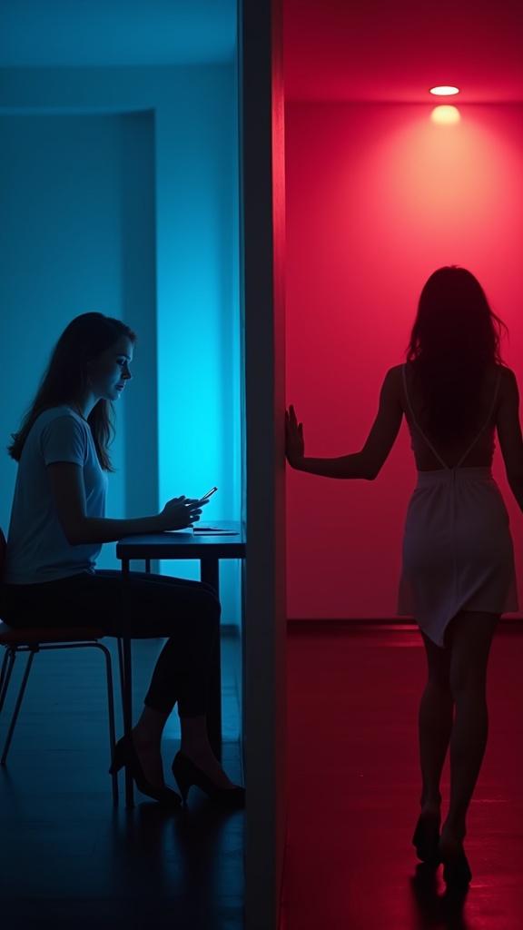Cinematic split-screen hyper-realistic photo shows emotional contrast between a heartbroken woman in a blue apartment and a confident woman dancing in a nightclub. One side cold and minimalist; the other vibrant and energetic. Tear on cheek indicates sadness. Empowerment shown through dance and colors.