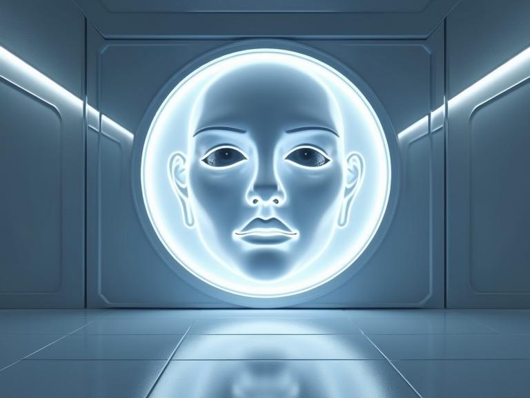 3D volumetric holographic face illuminated by white LED lights in a sleek parametric sci-fi interior with smooth silver flooring. The space features shadows realism soft reflections and textures under a dark blue filter.