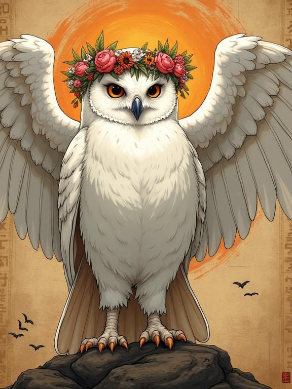 Digital art features a stylized white owl with bold outlines. The owl wears a flower wreath and Indian robes. Wings are spread wide. The background displays ancient papyrus with mystical runes. Captivating eyes and soft feathers create a magical atmosphere. Soft warm lighting creates a cinematic effect.