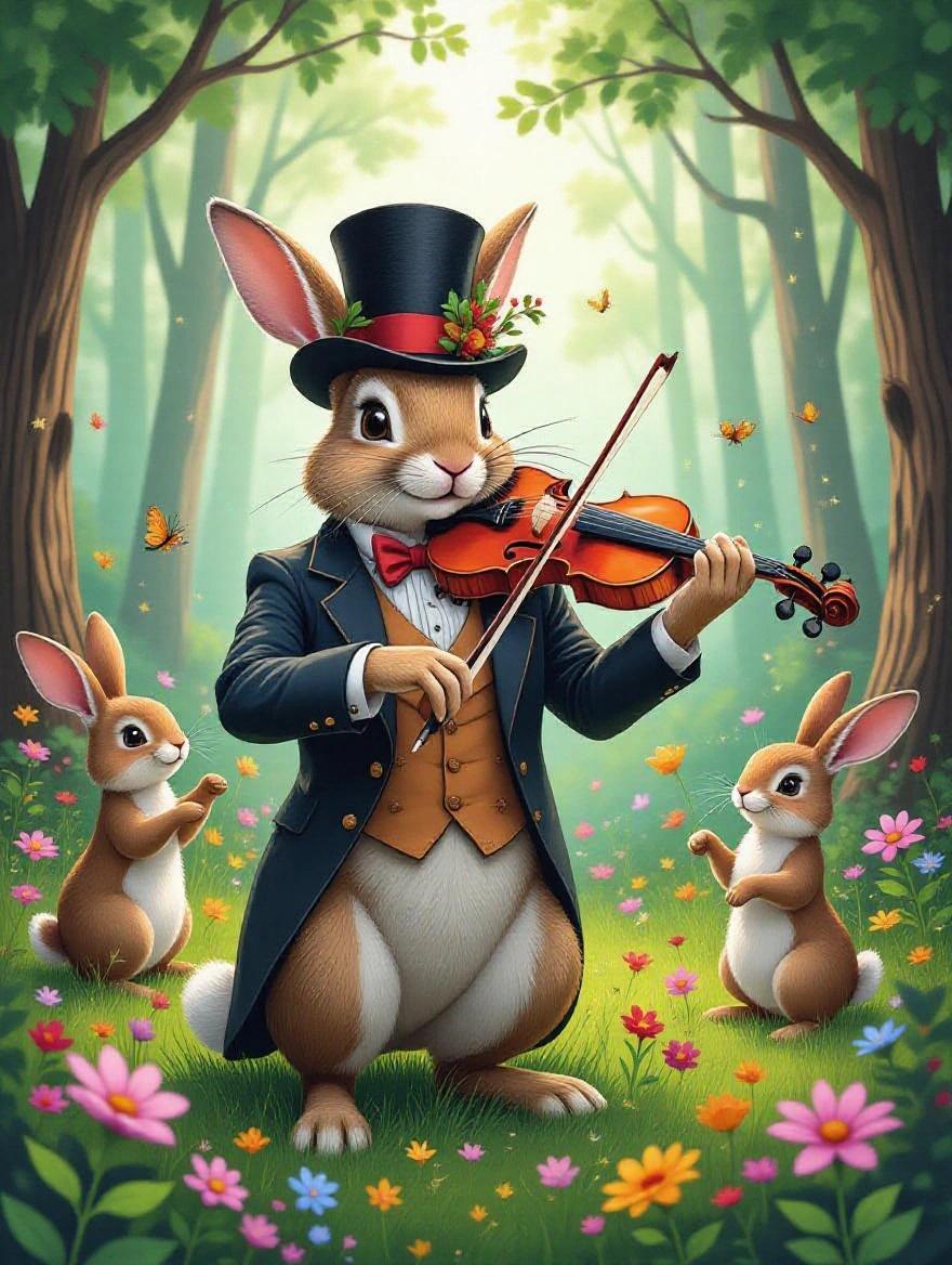 A rabbit wearing a top hat and elegant suit plays a violin made from a tree branch. Surrounding forest animals dance and flowers bloom to the music.