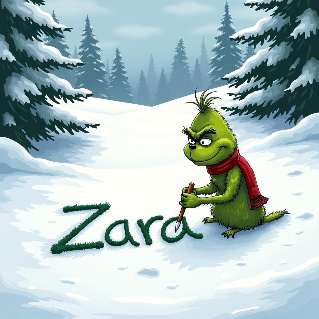 Grinch writing Zara in snow. Snow-covered hills and evergreen trees surround. Grinch is green with a red scarf.