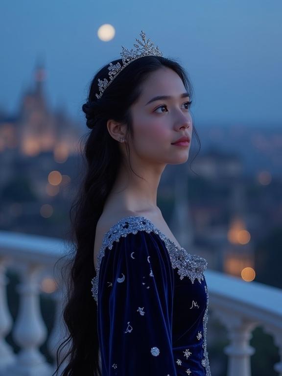 A serene portrait of a young princess on a balcony at twilight. Wistful expression gazing at the stars. Long raven hair braided with silver charms. Fair complexion with blush on cheeks. Midnight blue velvet gown with silver constellations. Star-shaped tiara. White marble balcony with ornate railings. Vast kingdom and twilight sky in background. Crescent moon and stars visible. Soft light creating highlights on face and gown.