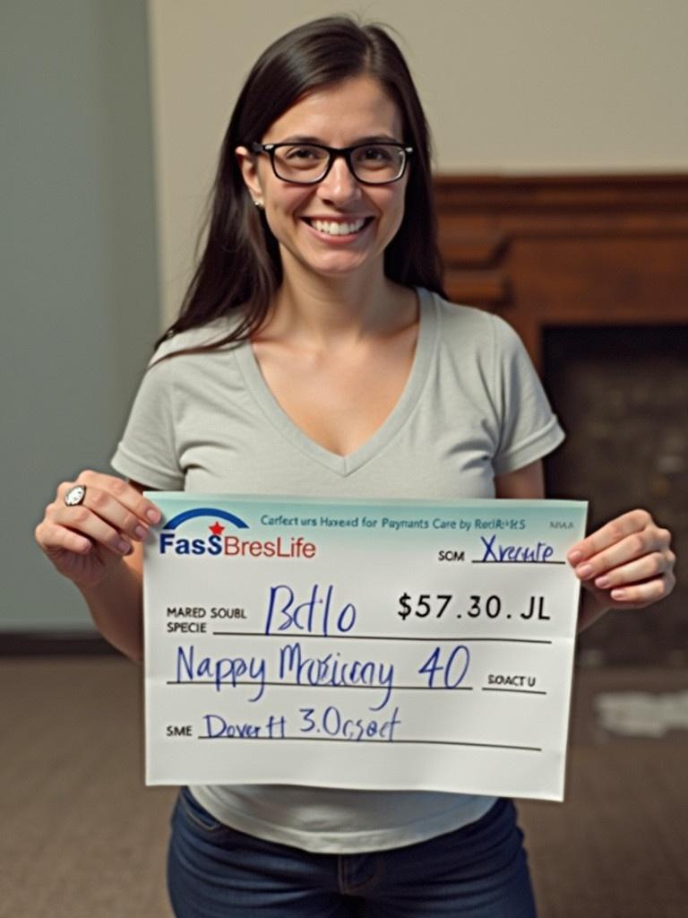 Image shows a person holding a notice about a payment. The notice includes payment details like date and amount. The person stands indoors with a modern backdrop. The individual wears a gray t-shirt. The check has formal annotations.