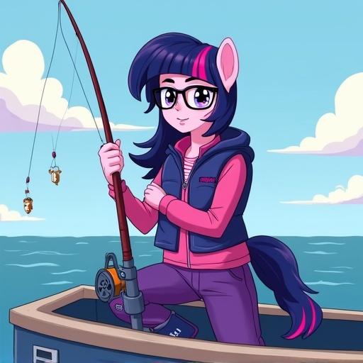 Character on a fishing boat. Cartoon human girl with navy-blue hair. Wearing glasses. Features pink and purple stripes in hair. Dressed in purple life jacket. Sporting a pink tracksuit top and purple tracksuit pants. Made unique by navy-blue wellington boots with purple soles. Engaging in leisure fishing activity.