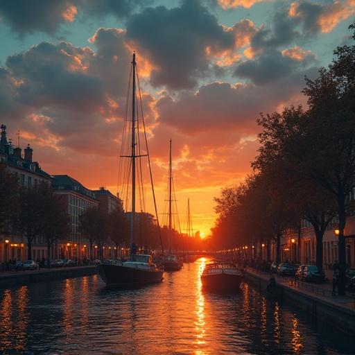 Create an image for YouTube channel poster about Germany. Image shows a sunset over a canal lined with trees and buildings. Sailboats are moored in the water. Clouds are illuminated in vibrant colors. The atmosphere is calm and inviting.