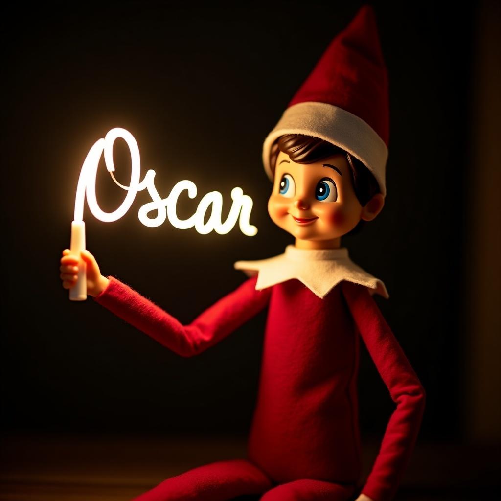 This image features an elf on the shelf character, dressed in traditional red and white attire. The elf is holding a glow stick that forms the name 'Oscar' in bright, soft light. The background is dark, enhancing the glowing effect of the text. It creates a warm, festive atmosphere, embodying the joy of the holiday season. The scene evokes feelings of magic and cheer associated with Christmas celebrations.