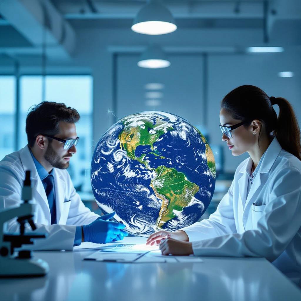 Two researchers in a laboratory setting analyzing a 3D globe of Earth. They wear white lab coats and blue gloves. The laboratory is modern and well-lit. Focus on the researchers and the globe. Emphasizes themes of science and environmental responsibility.