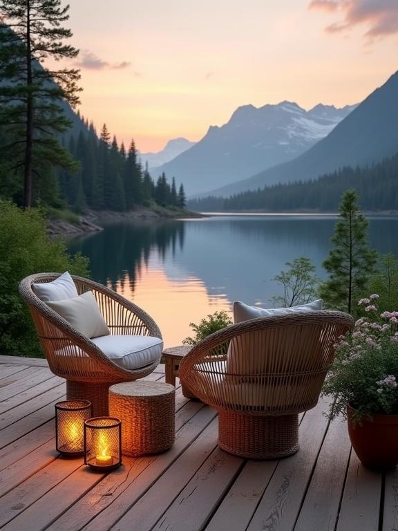 Serene lakeside view with rustic outdoor seating area. Wicker lounge chairs are set on a wooden deck illuminated by warm lantern light. Background features mountains and a calm lake under a sunset sky.