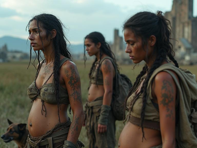 Highly detailed and photorealistic group of young huntresses. They have wiry physiques and tangled hair with dreadlocks. Skin is smeared with dirt and mud for camouflage. Tribal tattoos are visible on their faces and arms. They wear self-made clothing from scavenged materials. Some are early pregnant. Rough hunting satchels and a thin stray dog nearby. Ruins of a post-apocalyptic city in the background under an overcast sky. Cinematic composition with soft natural lighting and realistic textures.