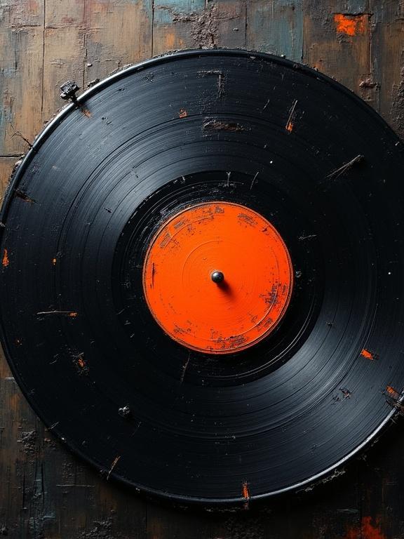 Abstract expressionist oil painting representing a vinyl record surface with implied grooves and rough brush strokes. The painting fills the entire frame emphasizing dark tones and incomplete silhouette style.
