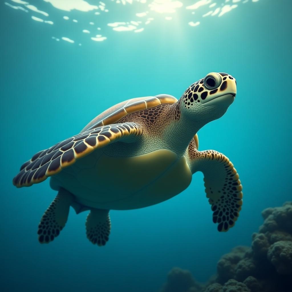 A turtle with a girl's face swimming gracefully in the sea. The scene is underwater with vibrant colors and soft lighting.