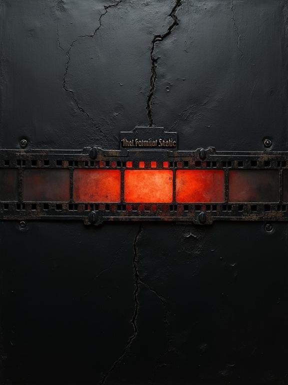 Dark minimalist rough oil painting with textured black background. Centered horizontal strip of damaged film negative shows red-orange glow. Charred cracks radiate outward. Top has distressed metal plaque with title 'That Familiar Static.' Crooked nameplate shows 'H. Bellerose'. Dark palette with gritty textures.