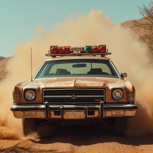 A vintage police car driving through dusty terrain with a cloud of dust behind it. The car is equipped with lights on top. The setting appears to be in an arid landscape under bright sunlight.