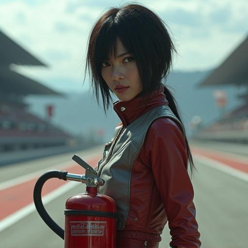 Character from Ghost in the Shell poses with fire extinguisher on racing track.