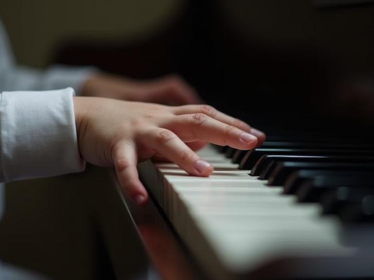 Close-up of young child's hand in white clothing on piano keys in a dimly lit room.
