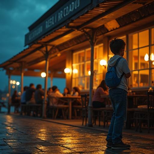 A night scene at Puerto Madero, Buenos Aires, 2012. A restaurant with illuminated windows. A boy around 11 years old stands outside, backpack on the right shoulder. He wears a hoodie, worn jeans, and slightly torn sneakers. His expression shows awe and longing. Inside, waiters serve steaming plates and raised glasses. Warm yellow light contrasts with the cool night blue.