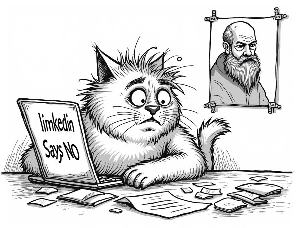 Black-and-white cartoon depicting a frustrated cat at a desk. Laptop with 'LinkedIn Says No' visible. Desk cluttered with scattered papers and coffee stains. Background features a poster of a bearded reverend. Style is rough and satirical, reminiscent of underground comics. Landscape format.