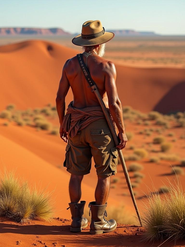 Weathered Aboriginal elder stands at the edge of Australian desert landscape. He wears worn leather boots and a faded Akubra hat. Rugged appearance shows life in rust-red dunes. Warm sunlight casts golden glow on skin. Gaze directed at endless expanse. Traditional boomerang rests on shoulder. Soft rustle of wind through grasses.