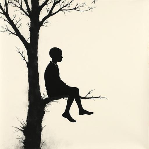 Minimalist silhouette of a bald human figure sitting in a tree. Monochrome design uses black fill color. Inspired by Asian brushwork with delicate ink lines on textured paper. Creates a serene mood.