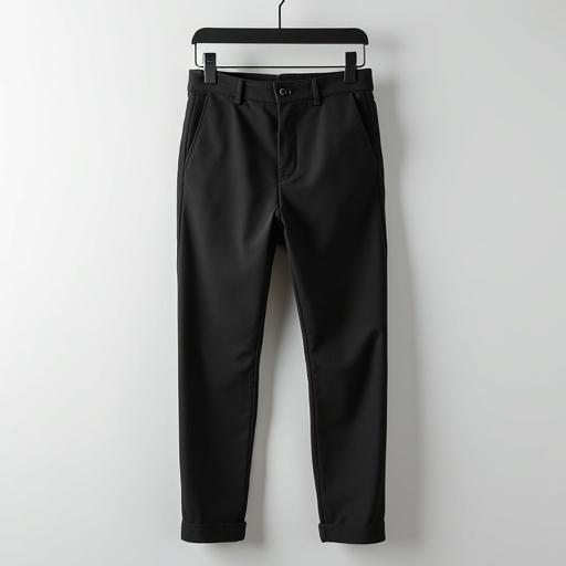 Men's slim-fit ankle pants in classic black on a hanger. Mid-rise waist with belt loops and no buttons. Pants end above ankles for modern silhouette. Smooth fabric with clean lines. Neutral minimalist background to highlight the pants.