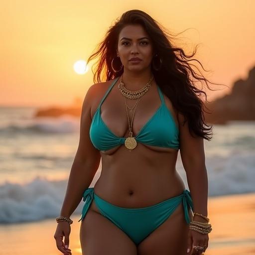 Plus-size curvy Indian woman walks along beach at sunset. She wears a turquoise high-cut bikini with gold jewelry. Ocean waves crash in background. Her hair blows in the wind. She has a sultry confident expression. Ultra-realistic texture captures warm sunlight and moody shadows. It is a DSLR portrait.