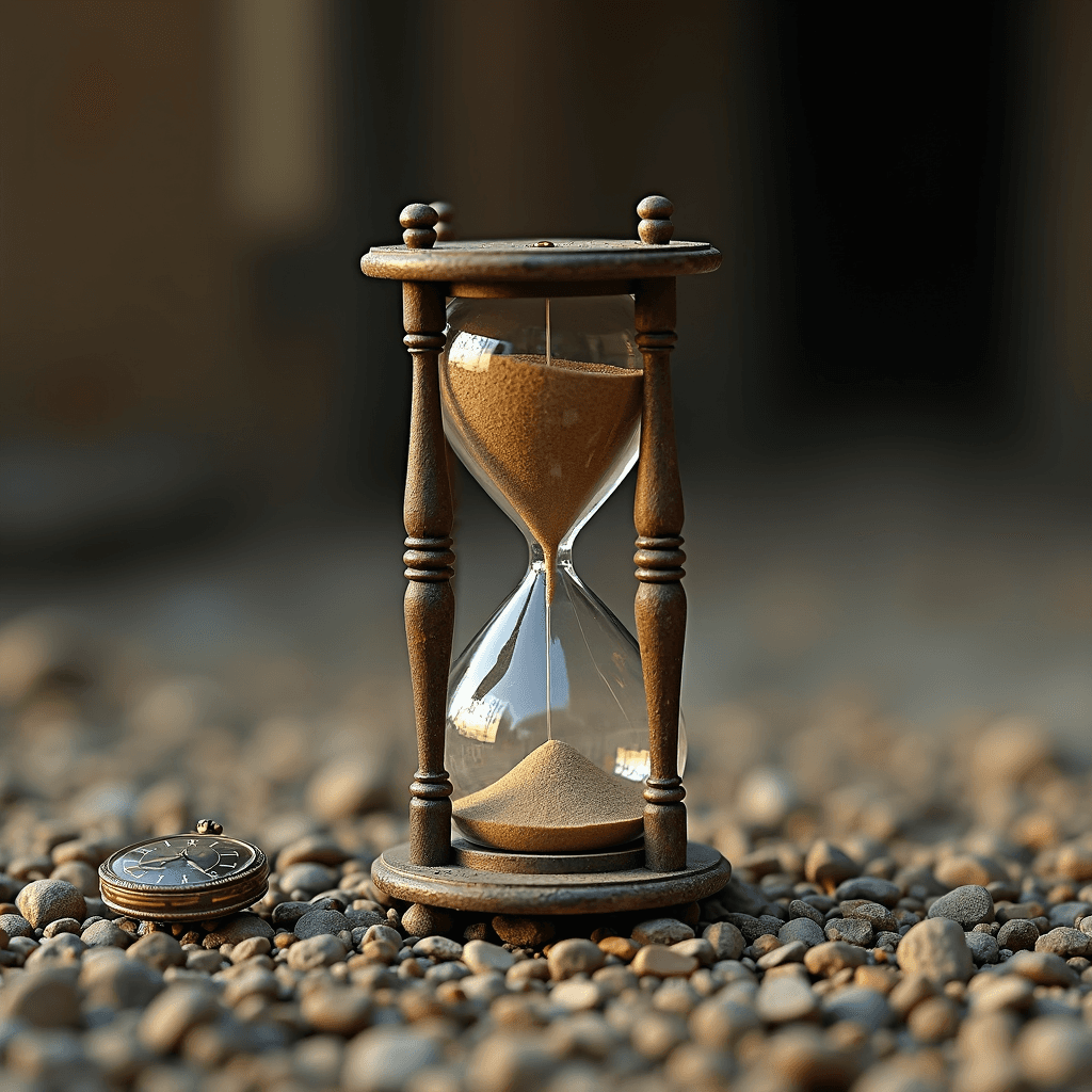 An hourglass with wooden supports stands amidst smooth pebbles, accompanied by a vintage pocket watch.