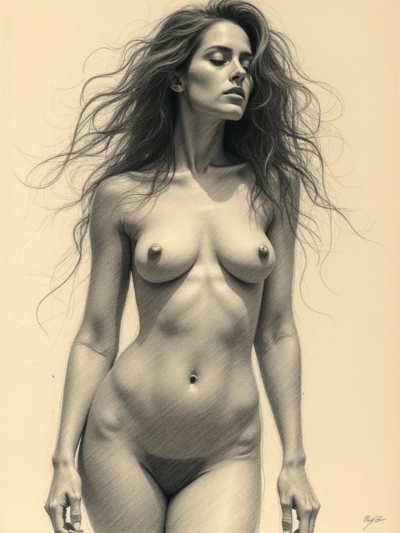 A highly textured pencil sketch of a woman's body. Features evoke emotion and nuance. Woman appears caught in thought. Dynamic pencil marks convey improvisation. Set against warm creamy paper texture.