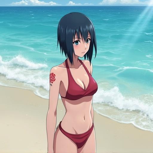 Anime character at a beach wearing a swimsuit standing by the ocean with short straight hair