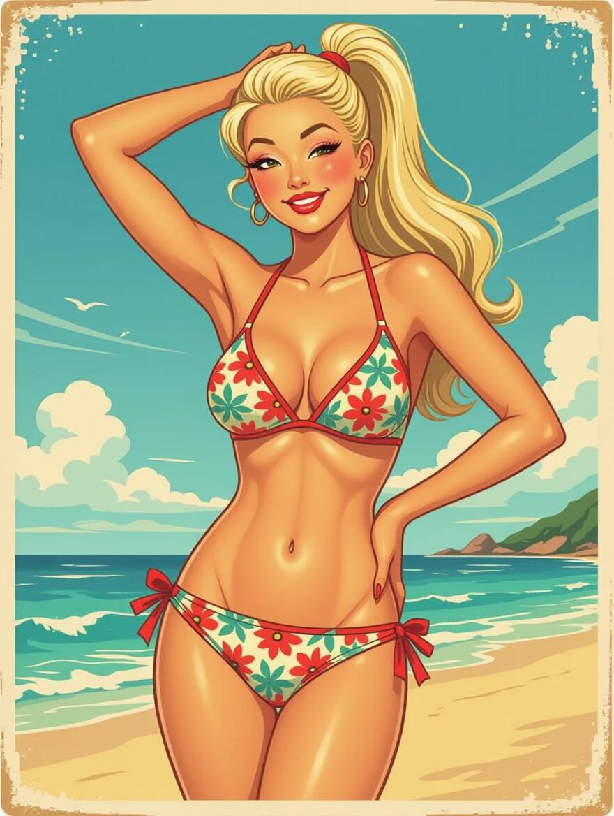 A retro-styled pin-up girl poses in a bikini on a sunny beach. She has a high ponytail and wears 1950s inspired makeup. The scene includes a vibrant beach environment with clear skies and gentle waves.