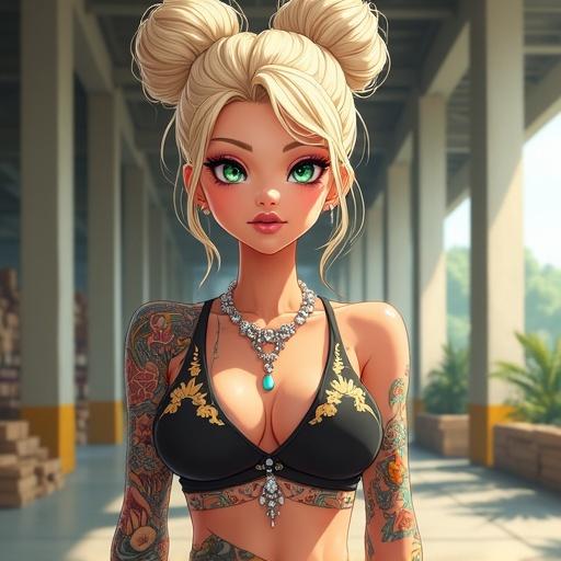 Anime character depicting a futuristic woman with emerald green eyes and light blonde hair styled in an elegant bun. She wears pink diamond jewelry and has colorful traditional tattoos. Setting is a luxurious warehouse. Her appearance is serious and she checks on her employees.