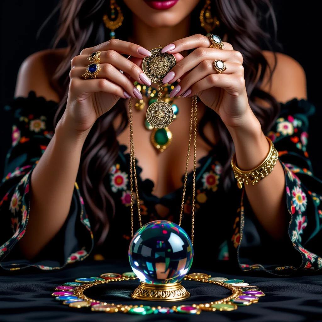 Black background close up shot of an exotic woman with dark hair in a gypsy dress. She holds a mesmerizing coin on a gold chain. A crystal ball sits on the table covered in black fabric.