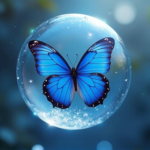 Digital painting shows a blue butterfly inside a floating soap bubble with soft colors and blurred background.